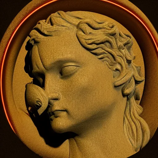 Prompt: renaissance statue head in a neon ring, 3 d render, ray tracing, hyper - realistic, hyper detailed, 8 k resolution, sharp focus