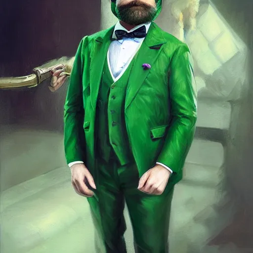 Image similar to hyper realistic portrait painting, beautifully rendered, zach galifianakis as dapper fancy luigi wearing a green top hat, green suit and bowtie, smirking deviously, painted by greg rutkowski, wlop, artgerm, dishonored 2