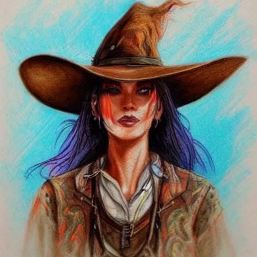 Image similar to beautiful cowboy witch, wild west, concept art, colored pencil drawing, trending on artstation