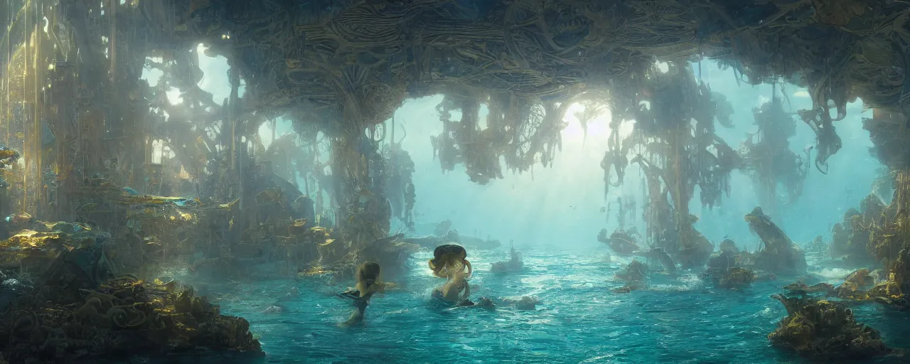 Prompt: a scenic landscaping view of the lost and abandoned city of Atlantic under water, ray of sunlight, mermaids in distance, Greg Rutkowski, Moebius, Mohrbacher, Mucha, blue and gold color scheme, light effect