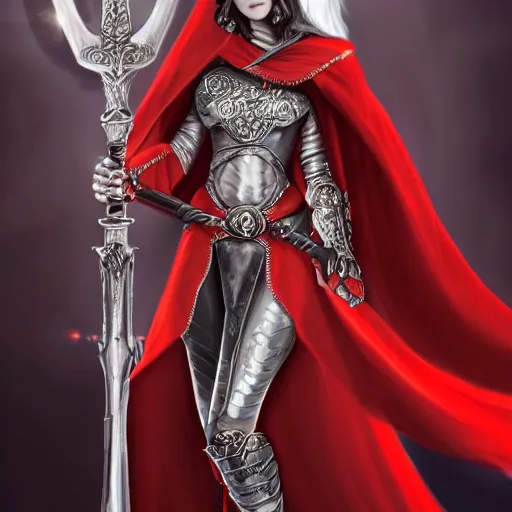 Prompt: a beautiful woman in a crimson cloak holding a glowing white spear and an obsidian shield, silver intricate armor, spotlight, ornate, realistic, fantasy art