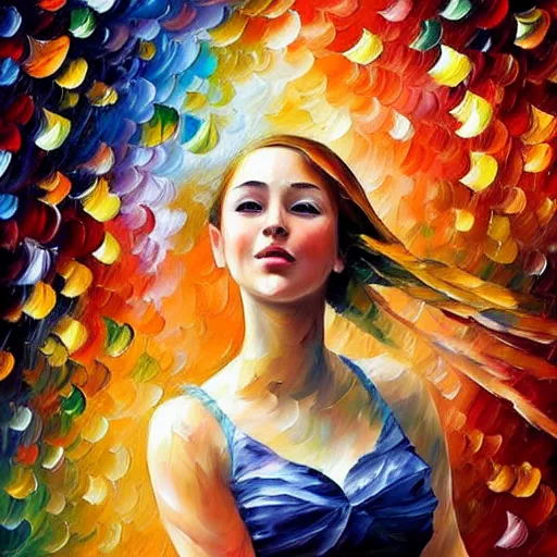 Prompt: highly detailed painting of a beautiful young woman, dancing in the rain, intricate, high quality oil painting artstyle, in the style of leonid afremov and anna dittmann, deviantart, figurative art, deviantart, ilya kuvshinov, lovecraftian, very detailed face, portrait