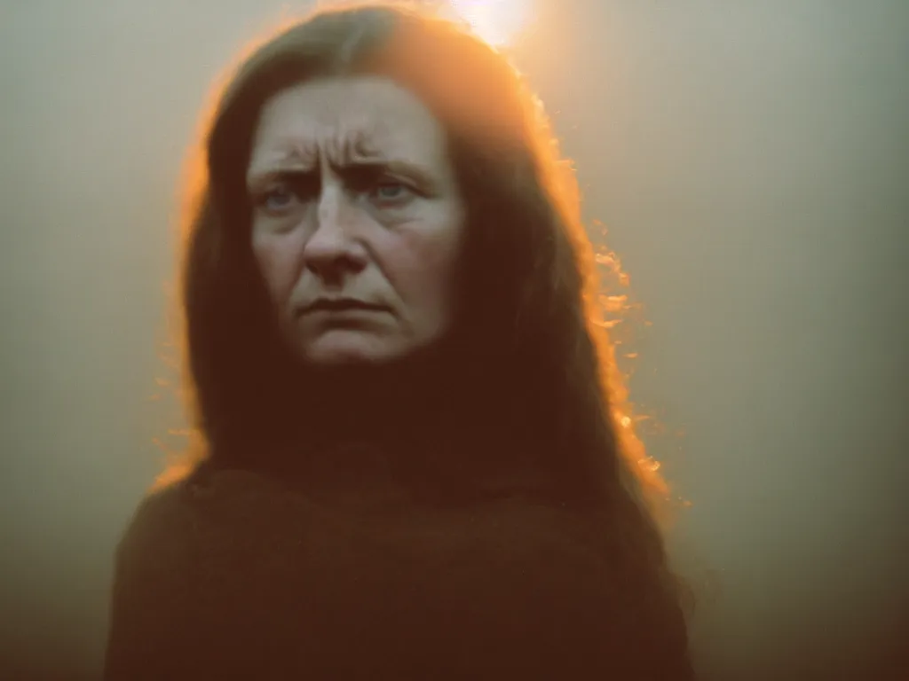 Prompt: close up portrait bust of woman, tired expression, faded color film, russian cinema, tarkovsky, technicolor, heavy forest, wood cabin in distance, shallow depth of field, long brown hair, old clothing, heavy fog, atmospheric haze, brown color palette, sunset, low light, hudson river school, 4 k, dramatic lighting