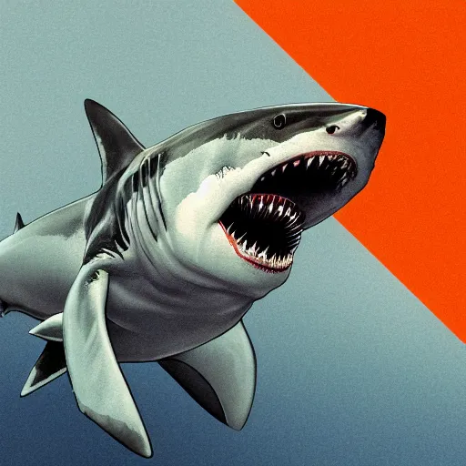 Image similar to great white shark, side view, with a silver and orange striped traffic cone on its dorsal fin - ron cheng & alphonse mucha, highly detailed, digital painting, ray tracing, concept art, illustration, smooth sharp focus, intricate, symmetry, artstation,