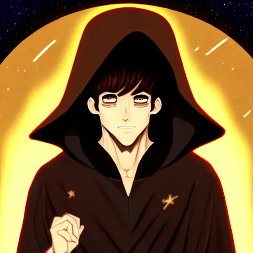 Image similar to a man with with brown hair, eyes with stars and galaxies in his eyes, wearing a black robe with the tips made of gold, anime, trending on artstation, high quality