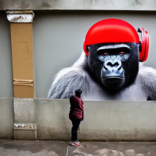 Image similar to gorilla with red headphones on holding a amanita muscaria made by banksy