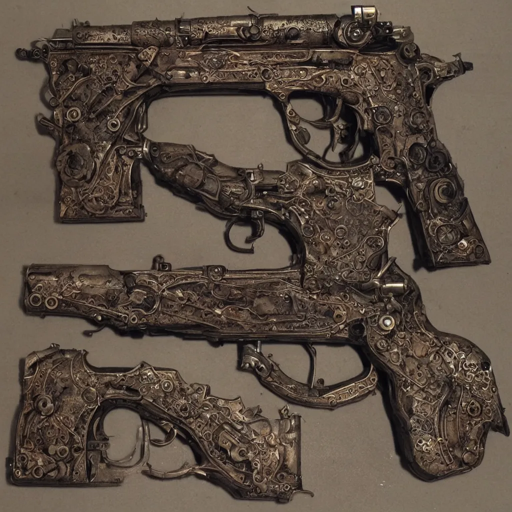 Image similar to a gun very cool, steampunk style,, highly detailed, photorealistic