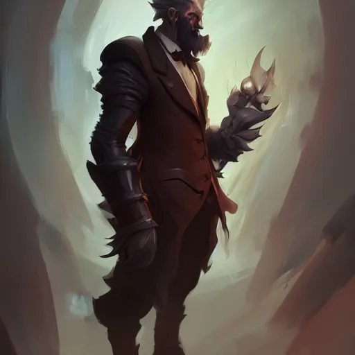 Prompt: concept art of league of legends character gentleman from hell, greg rutkowski, character design, face, shoes, trending on artstation, highly detailed, photorealisitc, ambient lighting, anato finnstark
