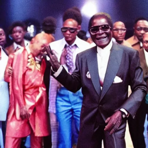 Image similar to A still of Robert Mugabe wearing a disco suit in Saturday Night Fever