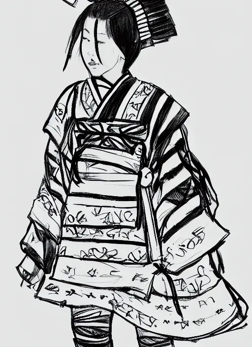 Image similar to a black and white rough sketch of a girl wearing traditional clothing of a japanese miko in the harajuku style wearing yeezy 5 0 0 sneakers