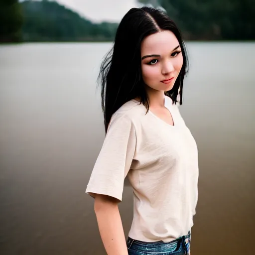 Prompt: real life photo of a beautiful girl, full body photoshoot, long black hair, full round face, short smile, brown shirt, lake setting, cinematic lightning, medium shot, mid - shot, highly detailed, trending on artstation, iso 2 0 0, f 1. 4, 8 0 mm, 8 5 mm, natural light