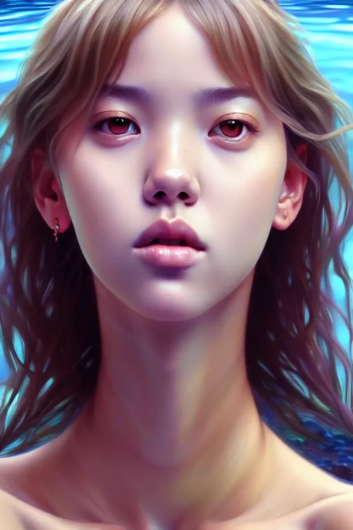 Image similar to beautiful half body digital painting of lalisa, face emerging from pool of water with high detail, 8 k, stunning detail, photo by artgerm, greg rutkowski and alphonse mucha, unreal engine 5, 4 k uhd