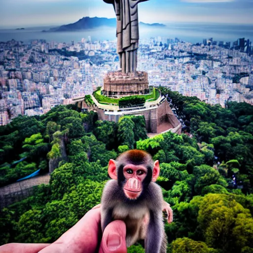 Image similar to high quality portrait of a monkey in front of Christ The Redeemer, studio photograph, photograph, realistic photo, 8k photo, 4k photo, stock photo, high resolution, cinematic shot, high detail