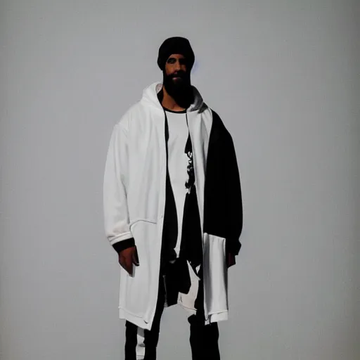 Image similar to a full body lookbook portrait of modern - day jesus wearing virgil abloh off - white menswear collection by nicola samori, hat and hoodie, detailed, oil painting, hyper - realistic, 8 k, off - white collection