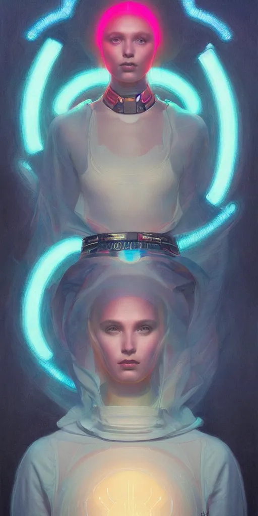 Image similar to patron saint of 🛸🌈👩🏾, futuristic clothing, neon god of city character portrait, in the style of moebius, tom bagshaw, and waterhouse, cinematic lighting, beautiful, elegant, oil painting,