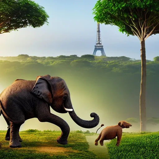 Prompt: very small dog in a high speed chase with an elephant out in the african jungle with a watering hole and eiffel tower in the background, 8k, 4k, high detail