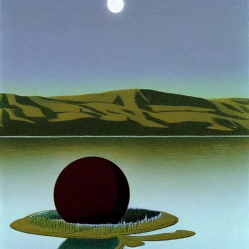 Image similar to a giant metal sphere, addorned with canadian aboriginal patterns!!!!!!!, hovering above a lake in Yukon, Ralph McQuarrie, concept art, dramatic perspective.