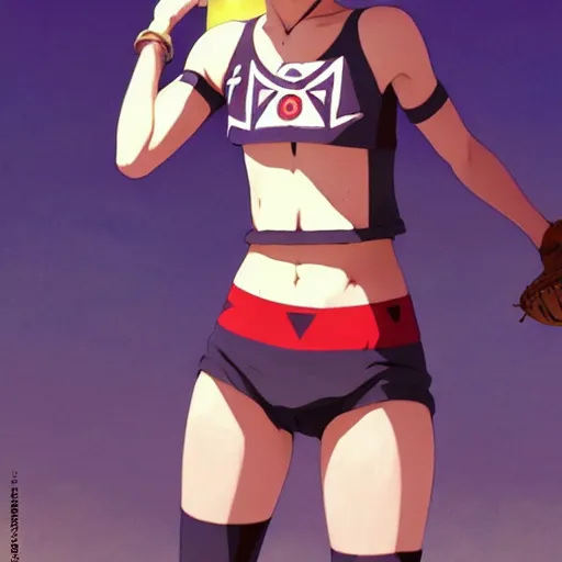 Image similar to beautiful boyish natalie portman gravure model in majora's mask, wearing wooden mask and baseball cap and leotard, street wear with subtle mayan patterns, aztec bathing suit, gapmoe yandere grimdark, trending on pixiv fanbox, painted by greg rutkowski makoto shinkai takashi takeuchi studio ghibli, akihiko yoshida