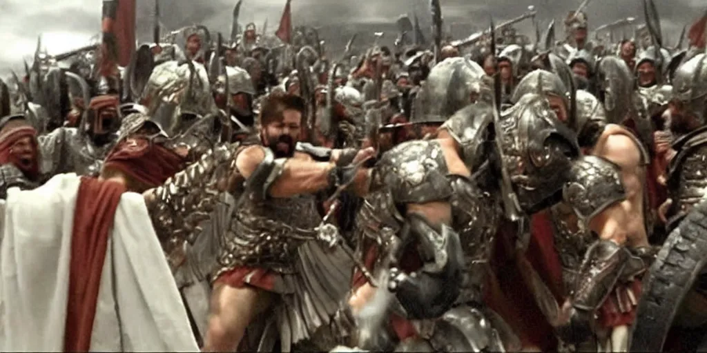 Prompt: Bernie Sanders dressed as Leonidas in screenshot from 300 movie, with Leonidas beard, leading Spartans into battle, in screenshot from the 300 movie