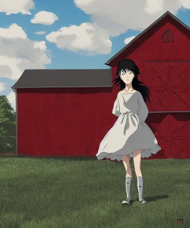 Prompt: a young woman in the shadow! of a red barn!. black hair, white! dress, sharp focus, wide angle, studio ghibli, trending on artstation