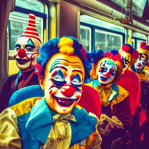 Image similar to a train full of clowns in the windows