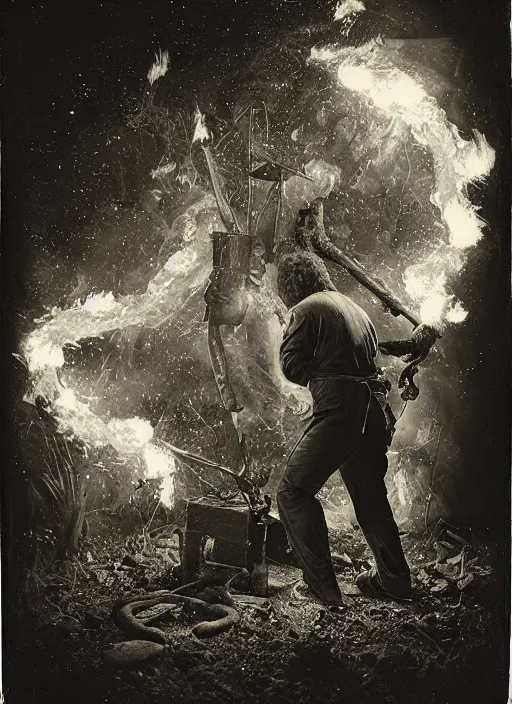 Image similar to old wetplate daguerreotype portrait of neanderthaler creating fire, explosion of data fragments, fractal, intricate, elegant, highly detailed, parallax, leica, medium format, subsurface scattering, by jheronimus bosch and greg rutkowski and louis jacques mande daguerre