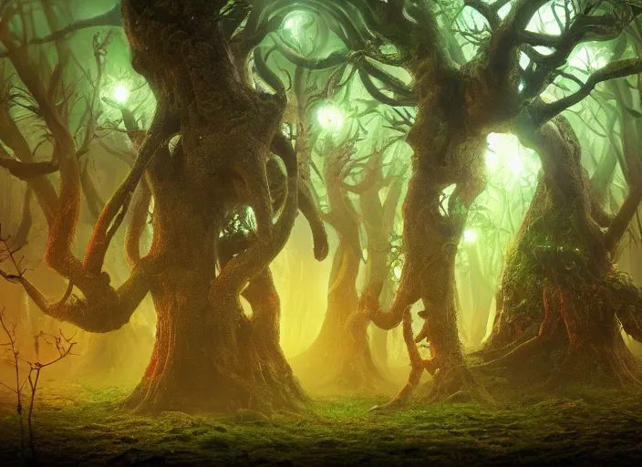 Prompt: a weird magical forest with a giant glowing brain growing at the center. Highly detailed. 8k. Fantasy horror.