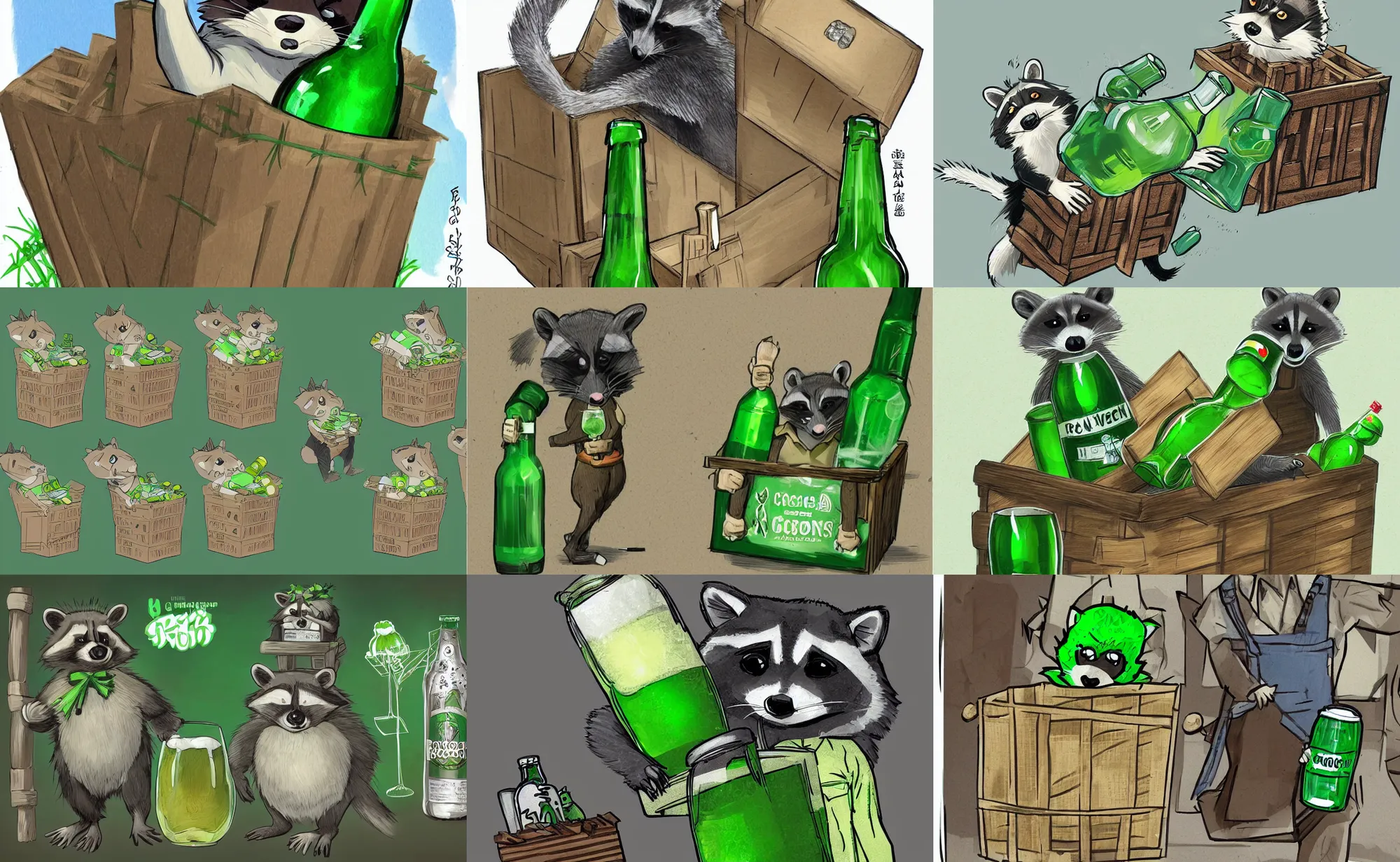 Prompt: an illustration concept art of a racoon carrying a crate full of green beer bottles very cute, kim jung ji concept art character sheet