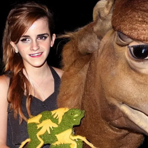 Prompt: photo of Emma Watson as an actual camel at a Halloween party. The Hulk is riding the camel and has flowers in his hair.