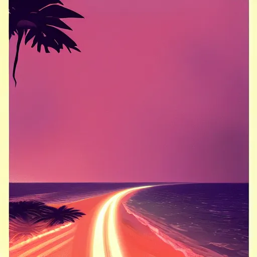 Image similar to dimly lit wavy road at night after rain that leads to a small cozy beach surrounded by palm trees, shot from sky, desaturated, photorealistic, beautiful, sharp, highly detailed, artstation, pixvy, syd mead, scott robertson