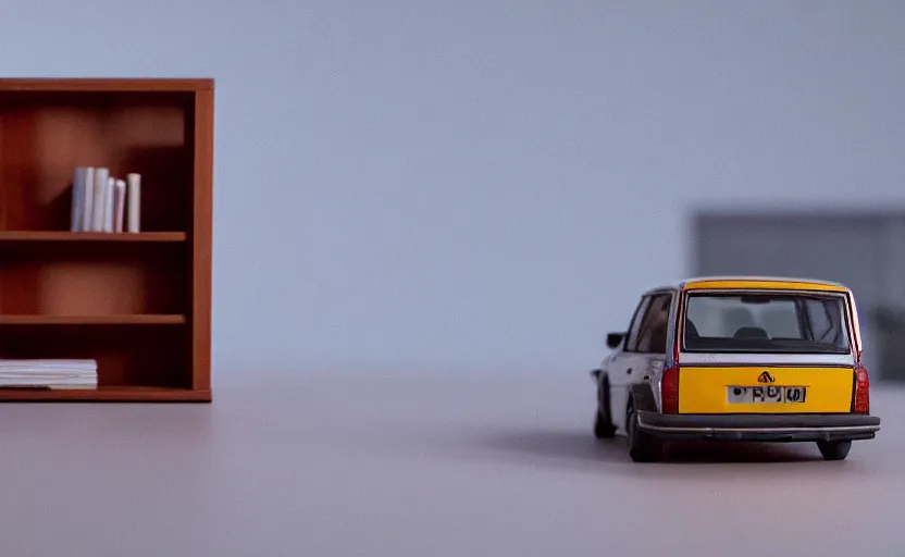 Image similar to a miniature of a Peugeot 309 Vital on a bookshelf near a window at sunset, DOF, octane render, unreal engine 5, godrays, complementary colors, calm, symmetrical, highly detailed, high quality, 4k, beautiful, hyperrealistic