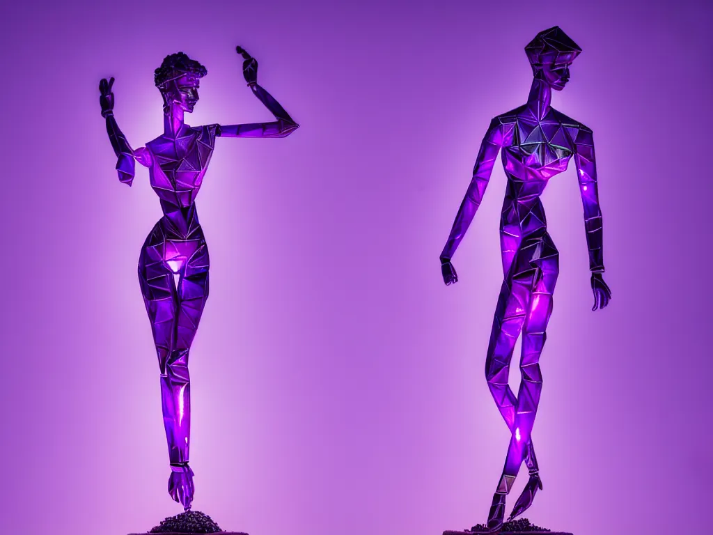 Image similar to beautiful mannequin sculpted out of amethyst by billelis + lit with purple 3 d geometric neon + chrome geometric cubed bonsai plants!!!!, doorway opening with neon pink geometric light, clean linework, dramatic, finely detailed, rule of thirds, moody, confident, award winning, 4 k, trending on artstation, photorealistic, volumetric lighting, octane render