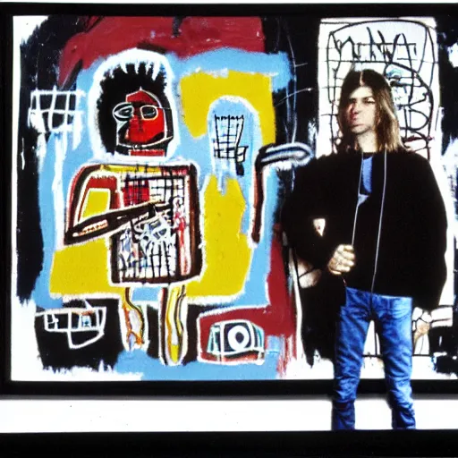 Prompt: portrait photo of jean - michel basquiat and kurt cobain in basquiat ’ s studio, photorealistic,