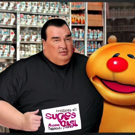 Image similar to obese steven seagal as sponsor of a sugary cereal called aikidos! with mischievous cartoon rat mascot