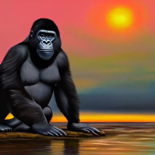 Prompt: oil painting of a gorilla standing on a small island surrounded by shallow water and trees at sunset, trending on artstation