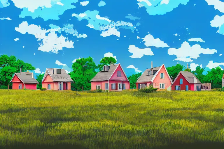 Image similar to rural houses sinking in the ground, clear blue sky, pop illustration, collage, anime style 4 k