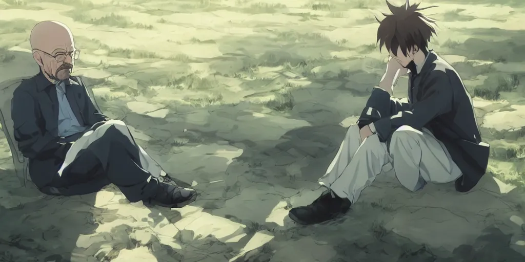 Prompt: walter white sitting down anime style, countryside, calm, fantasy character portrait, dark outlines, dynamic pose, above view, sunny day, artwork by makoto shinkai, very coherent asymmetrical artwork, sharp edges, perfect face, simple form, 1 0 0 mm, wallpaper