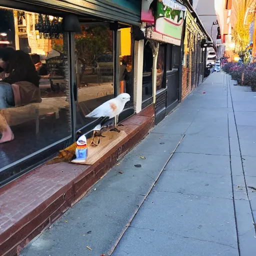 Prompt: bird stealing food from patrons at sidewalk cafe