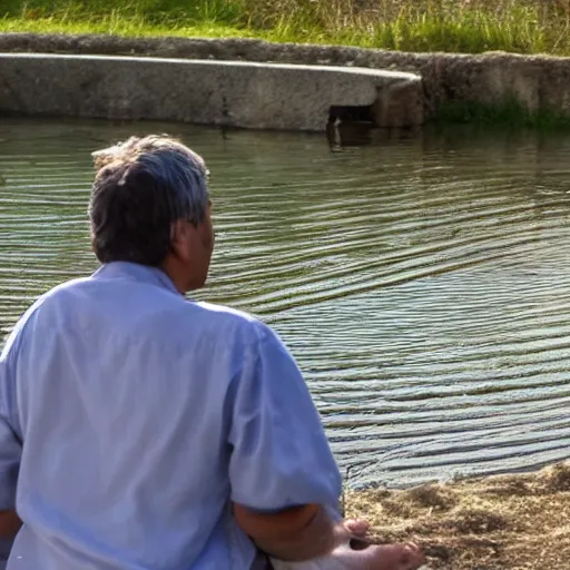 Prompt: Aristotle gives a lecture at a fish hatchery in the rural countryside. Realistic, 4k, photographic quality