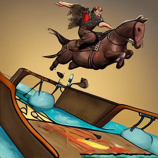 Prompt: roman chariot racer drawn by horse jumping a half pipe, intense, fish lense, style of Tony Hawk pro skater