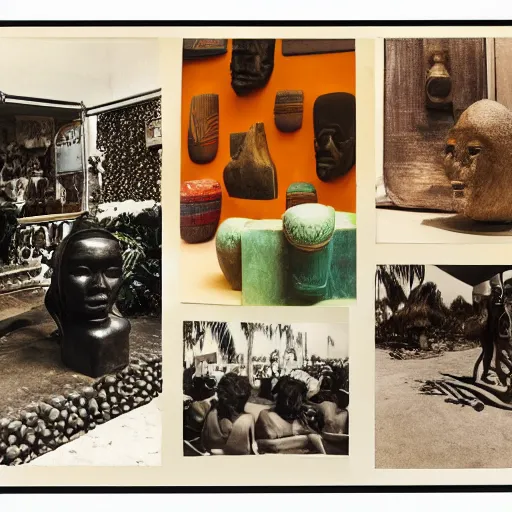 Prompt: An offset photography of an object on display, three colors, anthropology of wonder, (exotic artifacts), modernism, tropicalism, colonial expedition, exhibition, 60s style