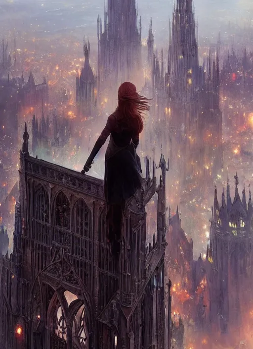 Prompt: a girl stands atop the tallest spire in a gothic fantasy city. beautiful painting by greg rutkowski