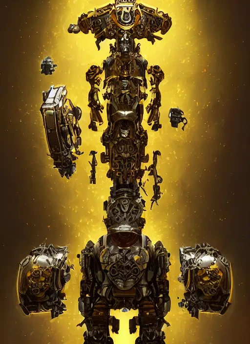 Image similar to full body, attack position abstract portrait of a intricate ornate holy mechanical warforged with circular glowing eye, character in yellow armor holding a paladin engraved great longsword drawn and carrying a big paladin shield, vertically flat head, face in focus, pit droid, epic , trending on ArtStation, masterpiece, cinematic lighting, by Ross Tran and by Greg Rutkowski