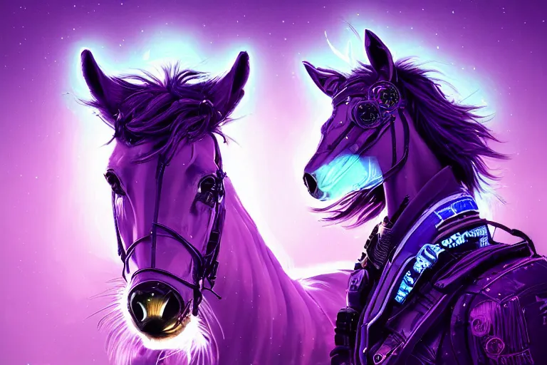 Prompt: a beautiful portrait of a cute cyberpunk horse with bioluminescent mane by sandra chevrier and greg rutkowski and wlop, purple blue color scheme, vaporware, retro, outrun, high key lighting, volumetric light, digital art, highly detailed, fine detail, intricate, ornate, complex, octane render, unreal engine, photorealistic