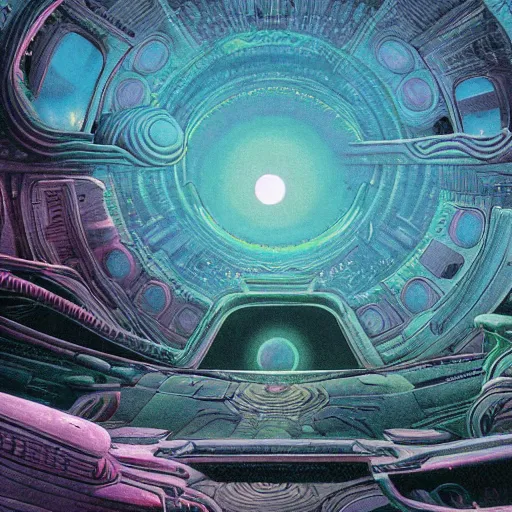 Prompt: a surreal, psychadelic, dreamlike, otherworldly, wierd, alien landscape, interesting details, alien buildings, ringed moons, game-concept art, by Moebius, by Miyazaki, by M. C. Escher, by Ghibli, Fantasy LUT, epic composition, 8k,