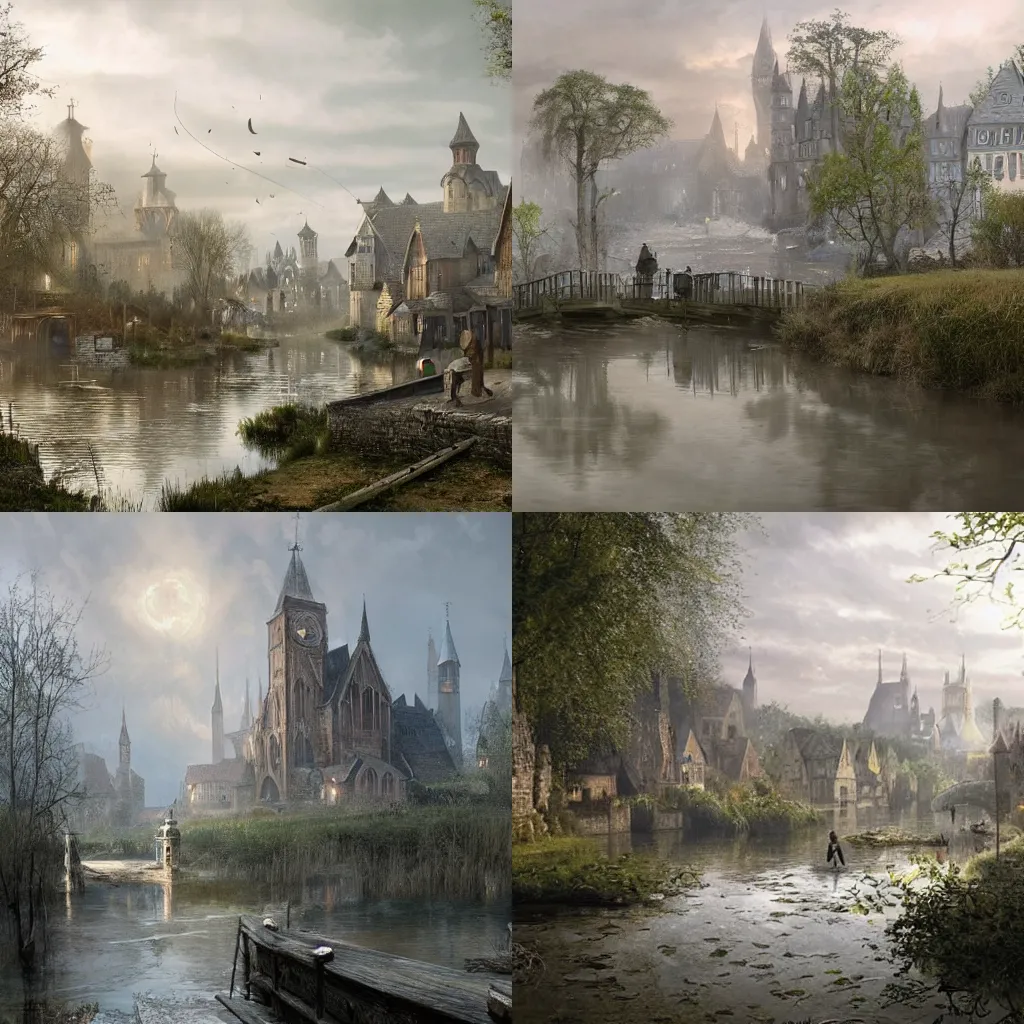 Prompt: a downtrodden medieval town by a river in a swamp surrounded by a magical transparent barrier, 4k, by Greg Rutkowski, fantasy, mix of celtic and Rus architecture, magic bubble barrier, cinematic