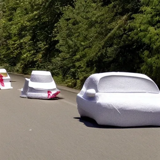 Prompt: car made of toilet paper is winning the race