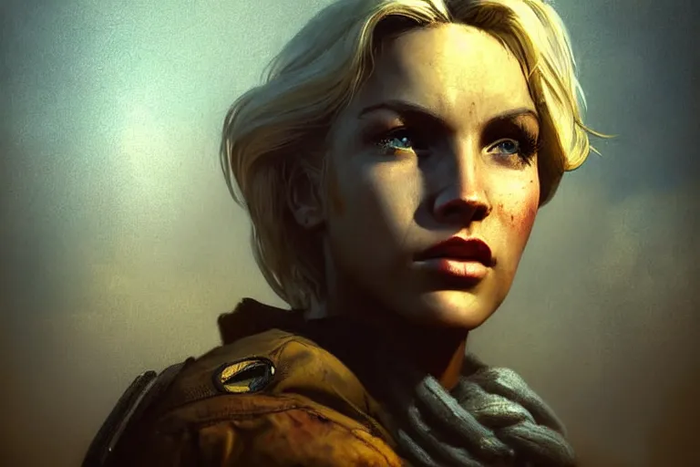 Image similar to fallout 5, charismatic beautiful rugged blonde female protagonist, portrait, outdoors alaskan wilderenis, atmospheric lighting, painted, intricate, volumetric lighting, beautiful, daytime, autumn, overcast weather, foggy, sharp focus, desaturated colours, ultra detailed, art by william turner