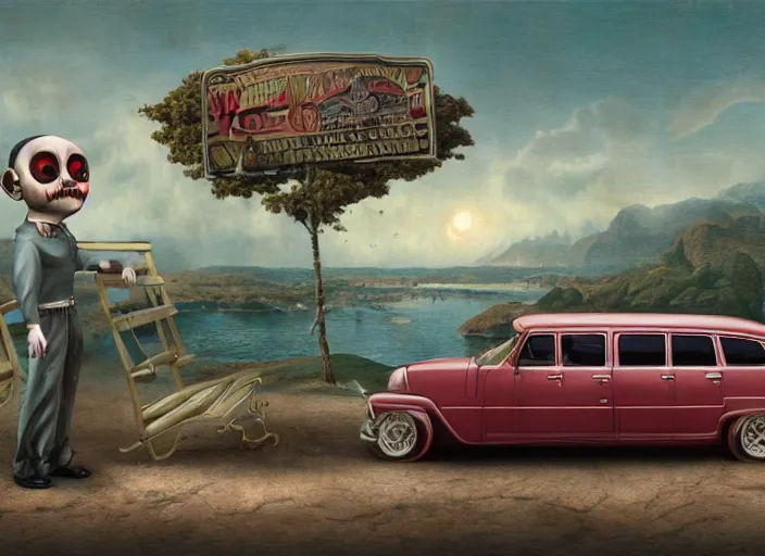 Prompt: the world inside a car, lisa ann, lowbrow, matte painting, 3 - d highly detailed, in the style of mark ryden,