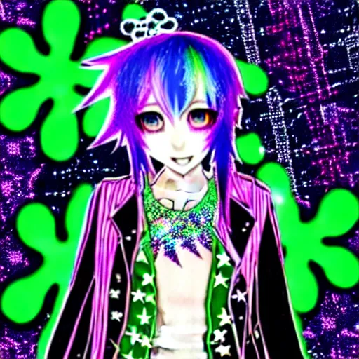 Prompt: a hologram of decora styled green haired yotsuba koiwai wearing a gothic spiked jacket, background full of lucky clovers and shinning stars, holography, irridescent, baroque visual kei decora art